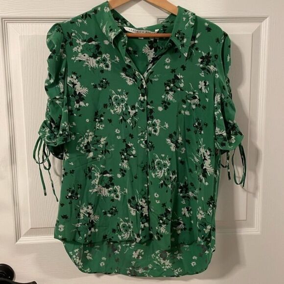 EUC Veronica Beard Carmine Ruched-Sleeve Silk Button-Front Blouse – Green Floral - Picture 6 of 7